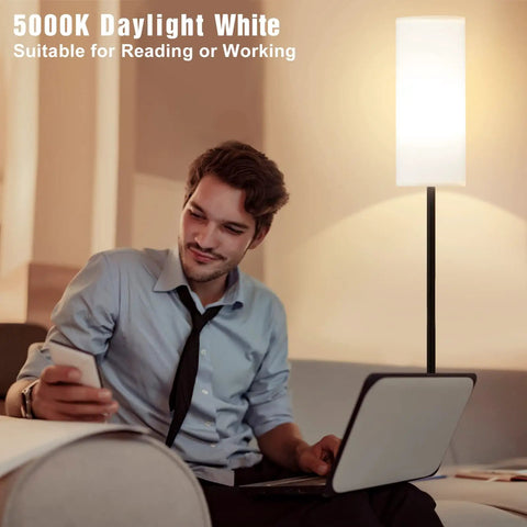 Tall Minimalist Floor Lamp for Living Room and Office With White Fabric Lampshade, Industrial Black Pole, man reading beside it