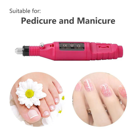 Portable Electric Nail Drill Pen With Six Precision Bits For Buttery Smooth Gel Removal And Acrylic Shaping No Sweat Manicure And Pedicure Kit Pro Moves Home Setup beside elegant manicured hand and pedicured foot.