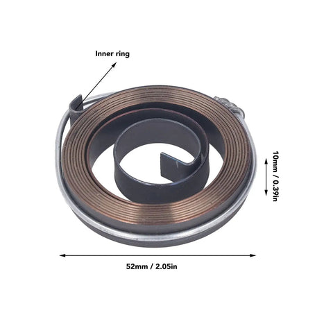 Two Piece Drill Press Quill Spring Set, 52mm diameter, 10mm width, metal recoil return spring, spring steel with blackening finish.