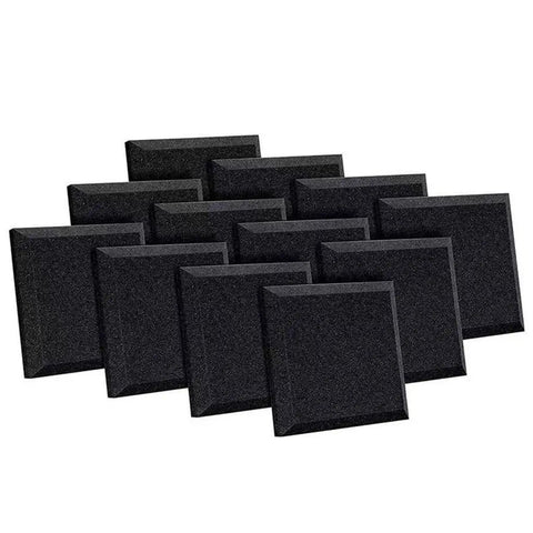 Solid Soundproof Foam Panels For Home Studio Acoustic Wall Tiles With Beveled Wedge Design, 12 pack of black polyurethane foam tiles.