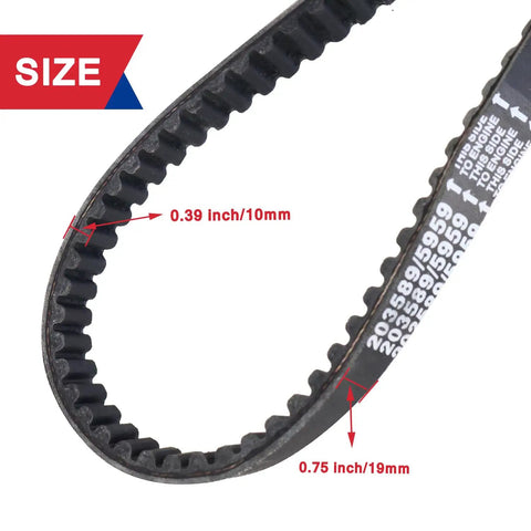 Close-up of 30 Series Go Kart Drive Belt For 212cc 196cc Engines Six Point Five HP with size markings 0.39 inch and 0.75 inch