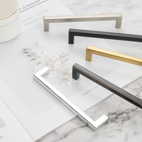 Assorted brushed nickel square bar cabinet handles on marble surface, 20 Pack Brushed Nickel Square Bar Cabinet Handles Set With Easy Install Six Point Three Inch 160mm Screw Hole Distance Solid Metal Hardware For Kitchen Cabinets Cupboards Bedroom Dressers Drawers Wardrobes Plus Free 25mm And 38mm Screws.