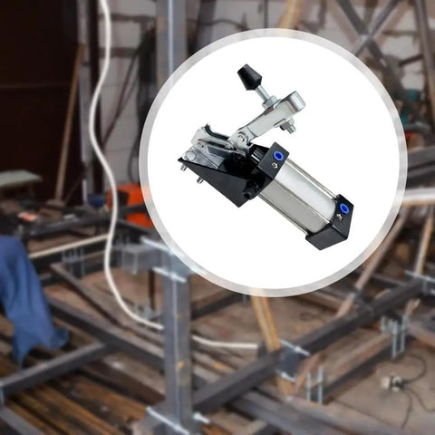 Heavy Duty Pneumatic Hold Down Fixture Built Like A Brick House For Reliable CNC Workholding, showcased on a steel frame.