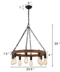 Round Wagon Wheel Chandelier With Eight Lights, Rustic Farmhouse Pendant Fixture For Dining Room And Kitchen Island, Openwork Wood Frame With Faux Rust Metal, Delivers A Cozy Vibe And Bright Ambience, with dimensions labeled.