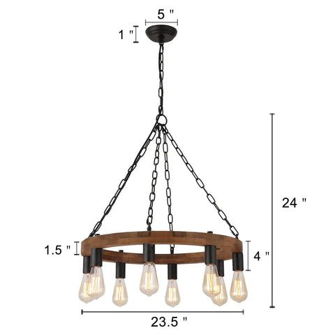 Round Wagon Wheel Chandelier With Eight Lights, Rustic Farmhouse Pendant Fixture For Dining Room And Kitchen Island, Openwork Wood Frame With Faux Rust Metal, Delivers A Cozy Vibe And Bright Ambience, with dimensions labeled.