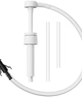 Front view of white fluid pump for standard quart bottles with clear tubing and 28mm adapters
