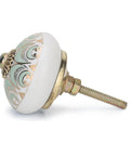 Side view of Green Gold Handmade Ceramic Cabinet Knob for dressers, showing decorative pattern and gold finish, single knob.