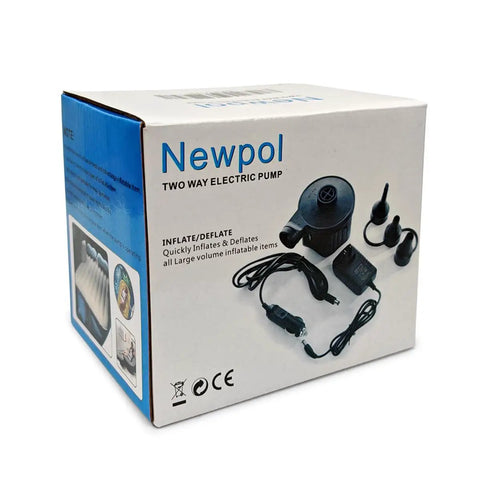 Packaging of Inflatable Air Pump For Beds And Pools, Fast Electric Pump With 12V DC Car Plug, AC Adapter, deflate feature
