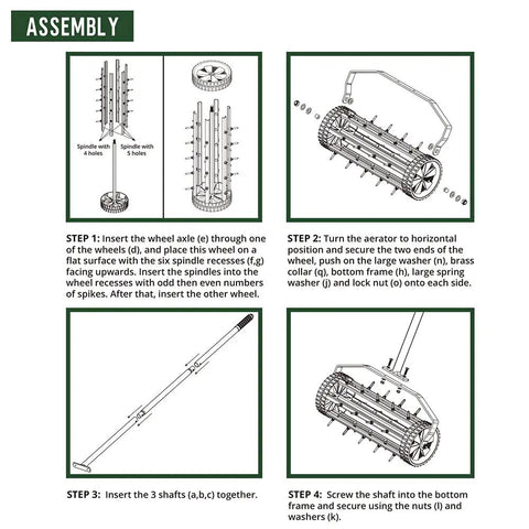Pro Grade Spike Lawn Aerator With Heavy Duty Rolling Design For Lawn And Garden assembly guide with step-by-step instructions.