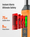Extendable Gas Leak Detector With Telescoping Rod Portable Propane Methane Natural Gas Sniffer For Home And RV Detect Combustible Leaks Fast Includes 2 Batteries Bright Orange with alarm display showing 75 dB audible alarm and 9 bar visual alarm indicators