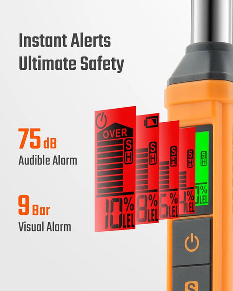 Extendable Gas Leak Detector With Telescoping Rod Portable Propane Methane Natural Gas Sniffer For Home And RV Detect Combustible Leaks Fast Includes 2 Batteries Bright Orange with alarm display showing 75 dB audible alarm and 9 bar visual alarm indicators