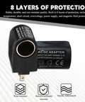 Universal AC To DC Power Converter Adapter turns wall outlet into a car cigarette lighter socket, featuring 8-layer protection.