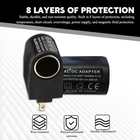 Universal AC To DC Power Converter Adapter turns wall outlet into a car cigarette lighter socket, featuring 8-layer protection.