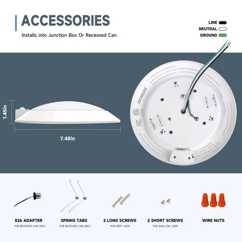 Motion Sensor Ceiling Light With 3CCT Selectable Color Temperature PIR Occupancy Light with accessories shown