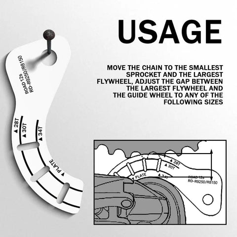Bicycle Rear Derailleur Chain Gap Gauge Tool For RD9250 8150 7150 Bikes with flywheel guide wheel diagram and usage instructions.