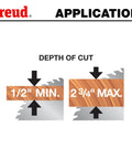 Diagram showing depth of cut range for Beefy Cabinetmaker Crosscut Saw Blade With TiCo HiDensity Carbide Blend For Fast Clean Crosscuts.