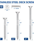 Top Shelf 10X2 Inch Stainless Steel Deck Screws 70 Piece Bucket Rust Proof Wood Fasteners With Sure Grip T25 Star Bits details with sizes.