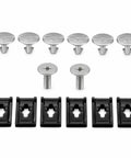 Clean Underbody Splash Shield Fastener Kit Replaces OE 90674ty2a01 showing stainless quarter turn pins and black U nut clips.