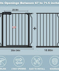 Diagram of extra wide walk through baby gate for kids and fur babies, 67 to 71.5 inch wide, pressure mounted, auto close, black.