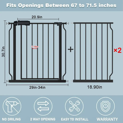 Diagram of extra wide walk through baby gate for kids and fur babies, 67 to 71.5 inch wide, pressure mounted, auto close, black.