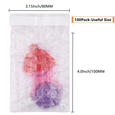 100 Pack Small Bubble Pouch Bags 3.15 X 4 Inches Self Sealing Bubble Pouches with colorful item inside