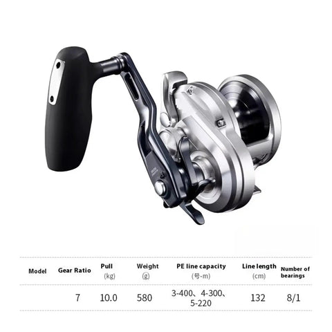 Lefty Jigging Reel For Saltwater Fishing Aluminum CNC Build With Eight Plus One Bearings Five To One Gear Ratio.
