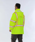 Kickass High Visibility Safety Rain Jacket For Men And Women With Breathable Mesh Lining And Full Reflective Strips Lightweight Waterproof Work Gear Tough As Nails Protection, showing back view with reflective stripes.