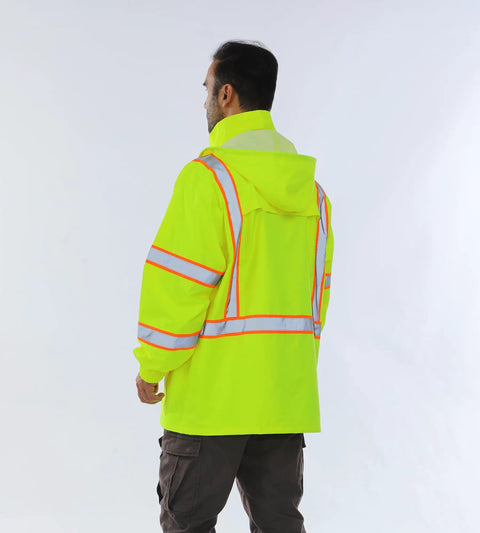 Kickass High Visibility Safety Rain Jacket For Men And Women With Breathable Mesh Lining And Full Reflective Strips Lightweight Waterproof Work Gear Tough As Nails Protection, showing back view with reflective stripes.