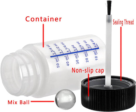 Open 2 oz paint touch-up bottle with brush applicator and mixing marble for auto body paint color matching