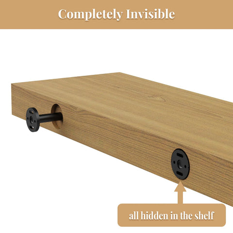 Heavy Duty Invisible Floating Wall Shelf Brackets Eight Inch Black Metal Shelf Supports installed in wooden shelf