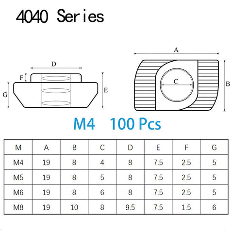 Top Shelf 100 Pack M4 T Slot Nuts For 4040 Aluminum Profile diagram with dimensions and specifications for heavy-duty fasteners.