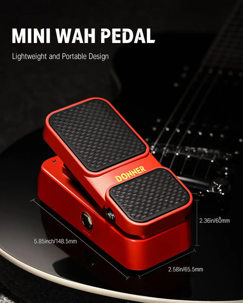 2 In 1 Wah And Volume Pedal For Electric Guitars Mini Vintage Style, red compact pedal on black guitar, stage and studio use.