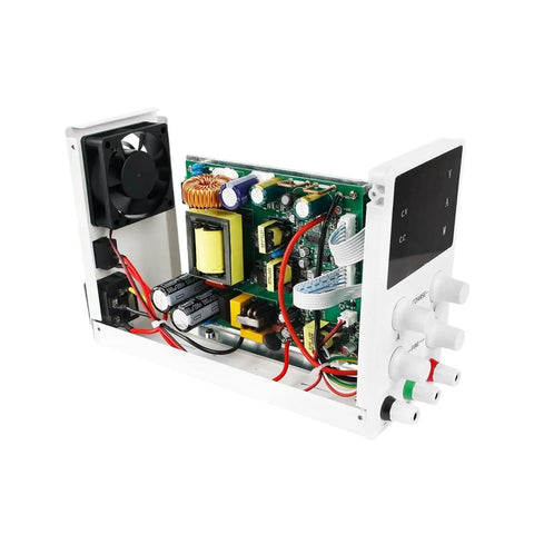 Internal view of Beefy Adjustable Lab Power Supply 30V 10A Voltage Regulator With 110V 220V AC Input showing cooling fan and circuit board.
