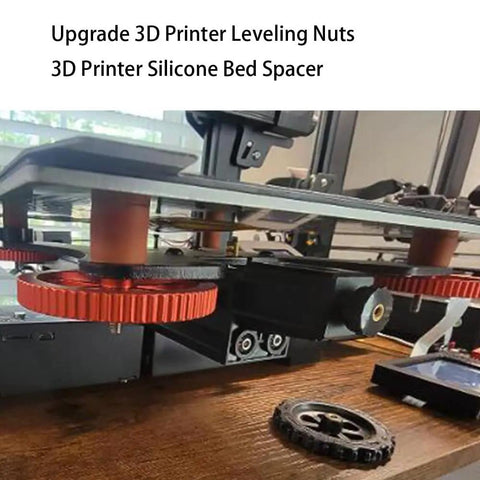 3D Printer Bed Leveling Kit with aluminum hand twist nuts and silicone bed spacers installed on printer for easy calibration.