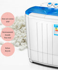 No Sweat Portable Washing Machine 3.6 Kg Double Barrel Automatic Laundry Cleaner with blue lid, eco-friendly materials and design.
