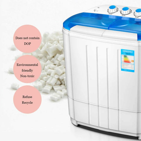 No Sweat Portable Washing Machine 3.6 Kg Double Barrel Automatic Laundry Cleaner with blue lid, eco-friendly materials and design.