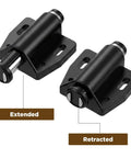 4 Pack Magnetic Push To Open Door Latches for Cabinets and Drawers, showing extended and retracted positions, ABS and iron hardware
