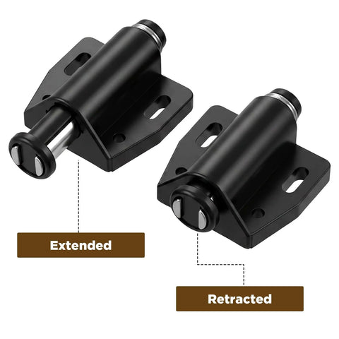 4 Pack Magnetic Push To Open Door Latches for Cabinets and Drawers, showing extended and retracted positions, ABS and iron hardware