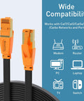 Cat8 Ethernet Cable 50 Ft Flat Ultra Fast Network Cable Up To 40Gbps 2000MHz Premium Copper Shielded For Gaming Streaming Laptop Xbox Router Modem Game Ready showing cable ends and compatibility icons