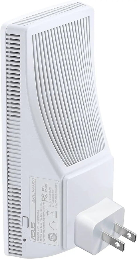 WiFi 6 Range Extender With AiMesh, AX3000 Dual Band Speeds Up To 3000 Mbps, white device with plug, side view