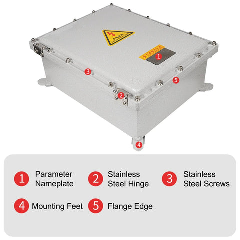 Outdoor explosion-proof electrical junction box, IP66 waterproof, with stainless steel hinges and mounting feet