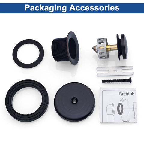Brass Tip Toe Tub Drain Kit With Basket Strainer and Single Hole Overflow Faceplate in oil rubbed bronze packaging accessories