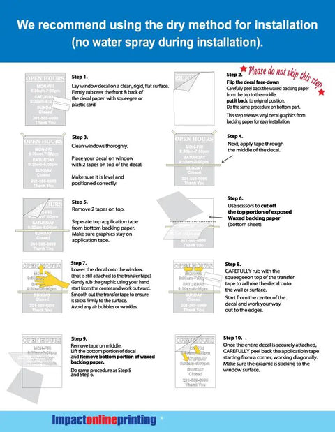 Installation manual for Custom Business Hours Window Decal Vinyl Lettering For Glass Doors In 10.5x13.5 Or 14x18 Inches