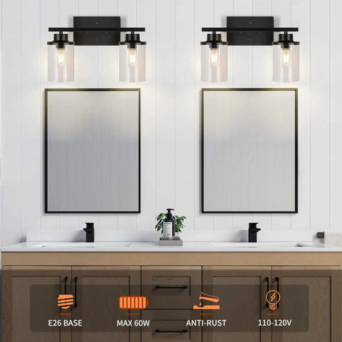 Matte Black Two Light Vanity Light Fixtures With Clear Glass Shades Over Mirror Wall Sconces For Bathroom Modern Farmhouse Style Lighting
