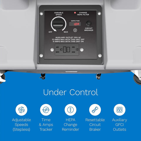 Control panel of Stackable Portable Air Scrubber And Negative Air Machine With Heavy Duty 3-Stage Filtration with variable speed settings.