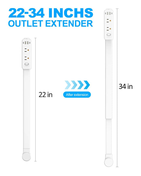 Smooth Gliding Power Strip Extender With Six Standard Outlets And Four Fast Charge USB Ports that slides from 22 to 34 inches shown in vertical view.