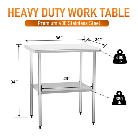Heavy Duty Stainless Steel Work Table 24x30 with Adjustable Undershelf and Backsplash Commercial Grade 430 dimensions.