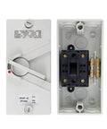 IP66 Waterproof Enclosed Motor Disconnect Switch 63A 2 Pole 220V For Indoor Outdoor Use, Weatherproof ABS Enclosure, Corrosion Resistant, High Temperature Tolerant, UV Protective, Built Tough, front and open view
