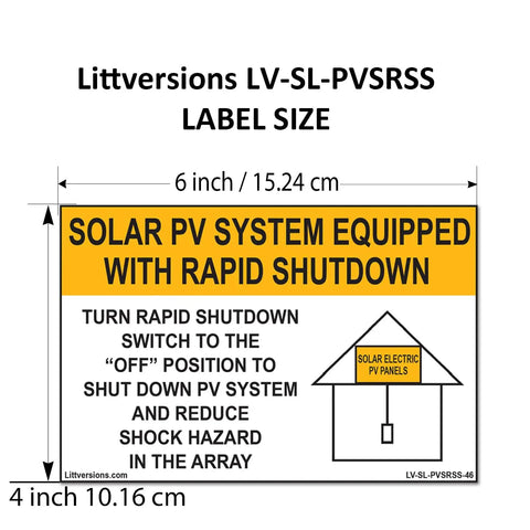 4 Pack 6 By 4 Inch Laminated Solar PV System Labels Rapid Shutdown NEC Code Compliant Updated For 2017 2020 2023 2026 Compliance Sticker Notice Sign For Safe Installations showing label size and shutdown instructions