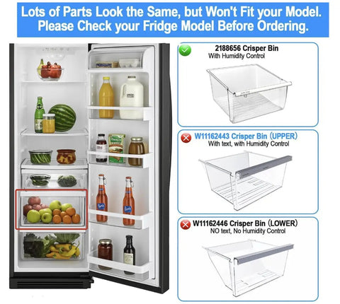 Open fridge with labeled crisper bin options; Focus on Crisper Bin Drawer Replacement With Humidity Control For Whirlpool And Kenmore